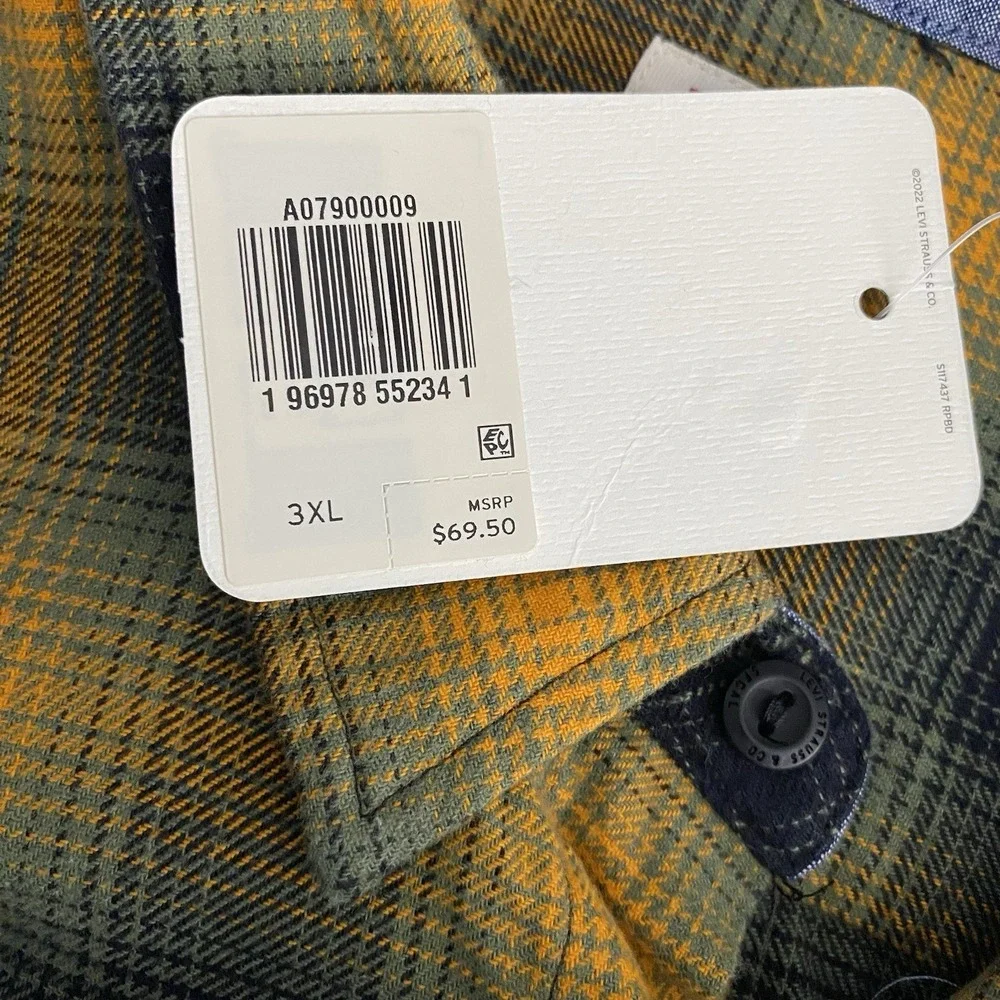 Levis Mens 3XL Flannel Button Up Shirt The Worker Relaxed Fit Plaid Orange Multi